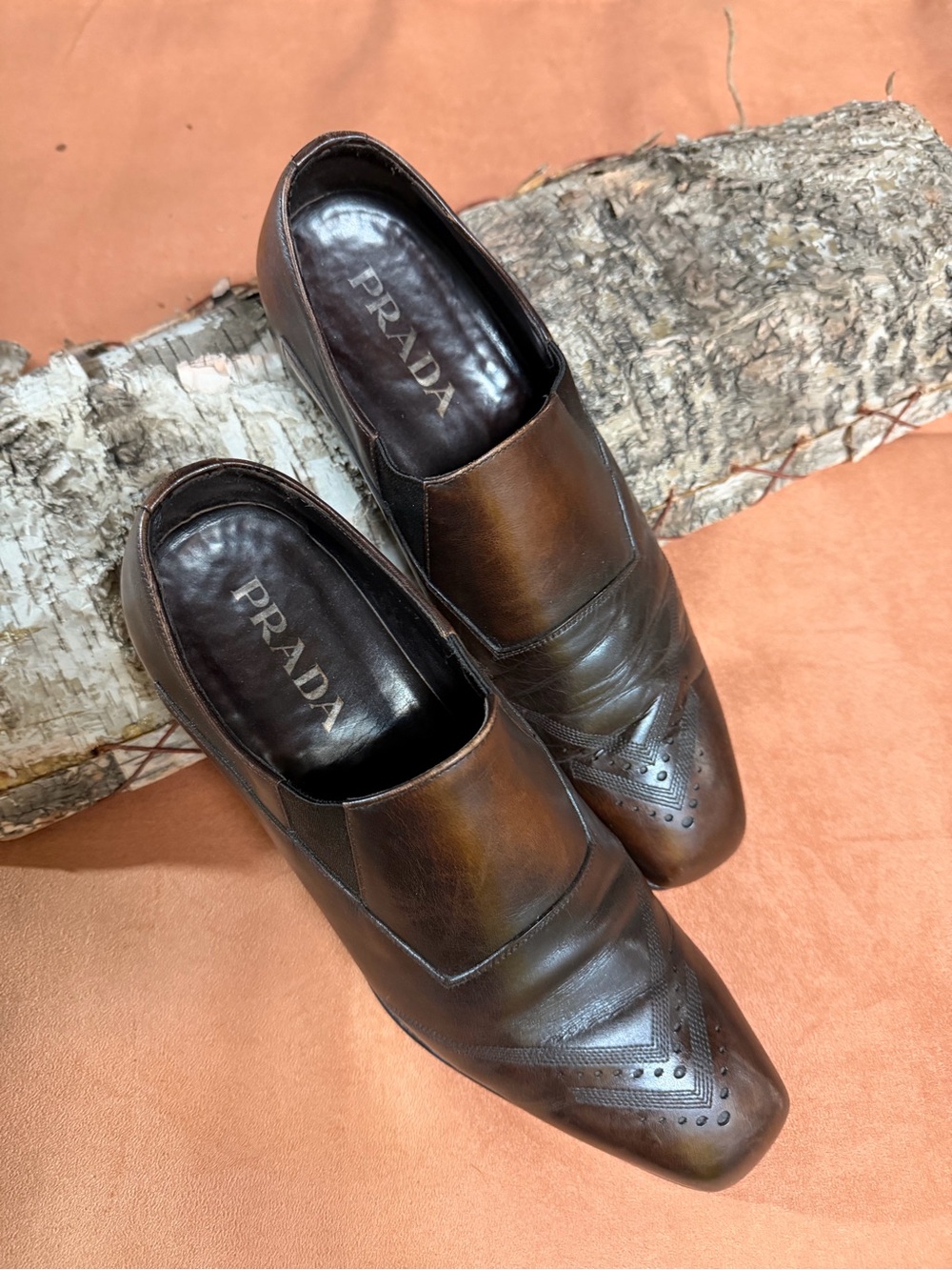 Prada Brown Leather Slip-On Loafers with Brogue Toe